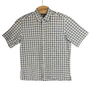 Lyle & Scott Casual Shirt Men's L Checkered Linen Cotton Blue Beige Short Sleeve